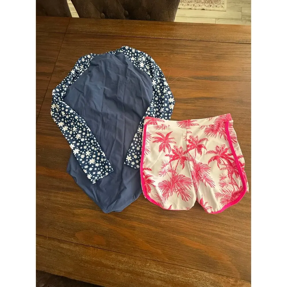 Girls Rash Guard Swimsuit Set 13-14Y Navy Floral Long Sleeve Pink Palm Shorts